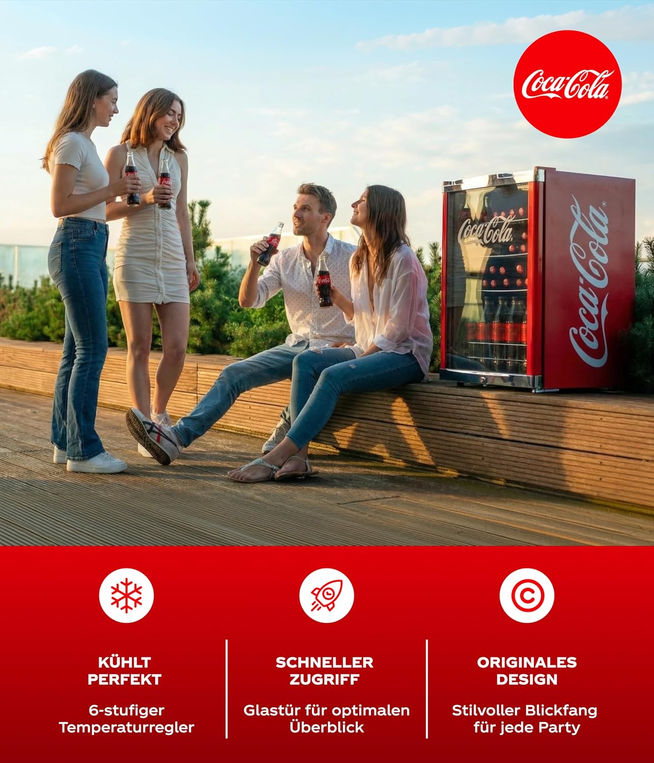 °CUBES Coca Cola Kühlschrank 115L | Getränkekühlschrank groß mit Glastür, perfekt für Partys & Gewerbe | Energieeffizient, 84,5 cm hoch, 104 kWh/Jahr - Flaschenkühlschrank groß
