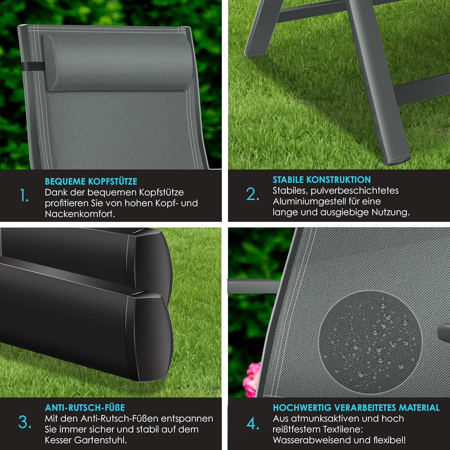 KESSER® Gartenstuhl Hochlehner mit Armlehnen 6er Set Aluminium Klappstuhl mit Kopfkissen & Abdeckung Campingstuhl 7-Fach Verstellbar Rückenlehne Atmungsaktiv Wetterfest Klappbar Anti-Rutsch, Anthrazit