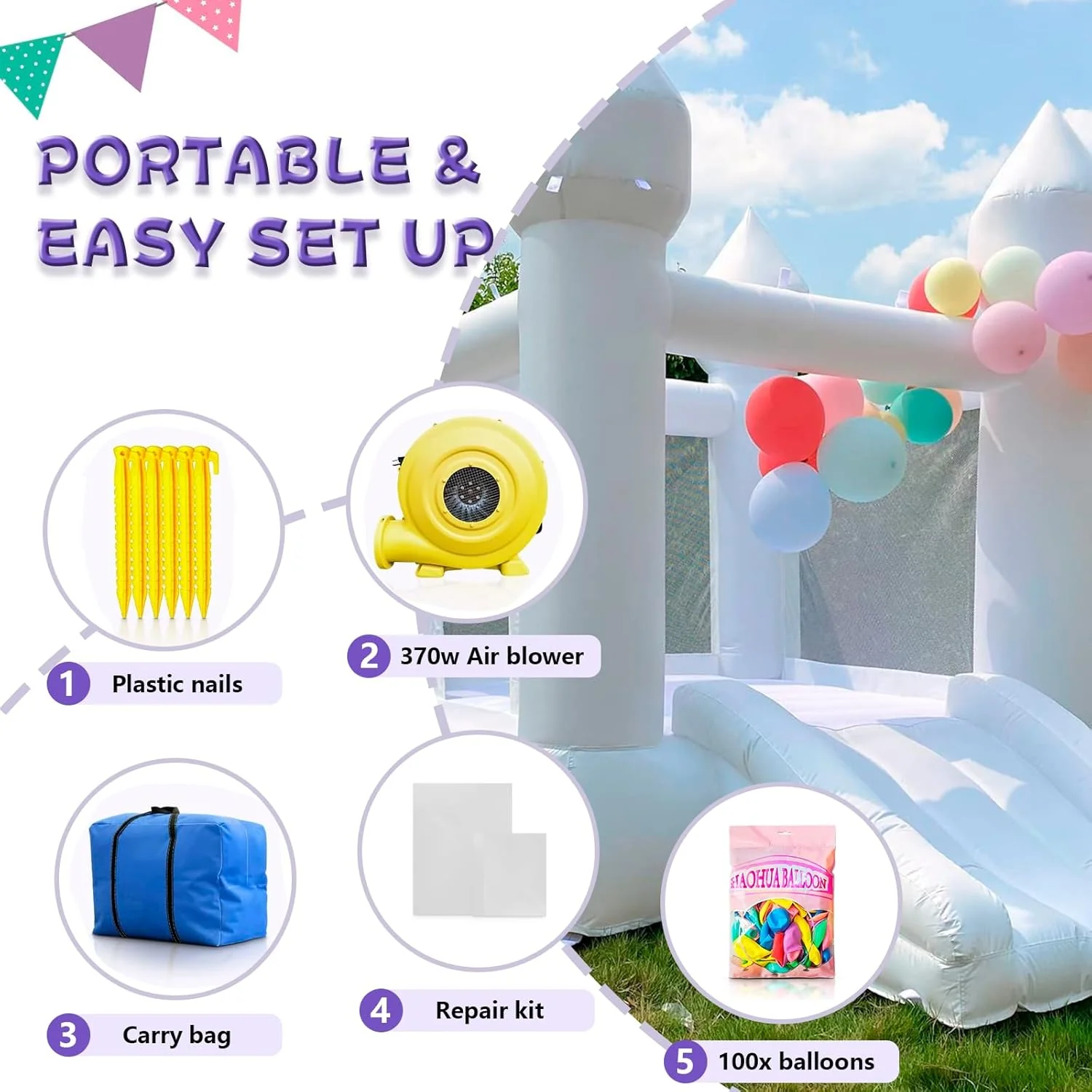 White Bounce House Indoor Outdoor Bouncy Castle for Kids 2-8 Oxford Toddler Bounce House with Slide Balloon & Blower,103 x 71 x 90 inch,Children's Birthday Party Easter Party Gifts1 pcs