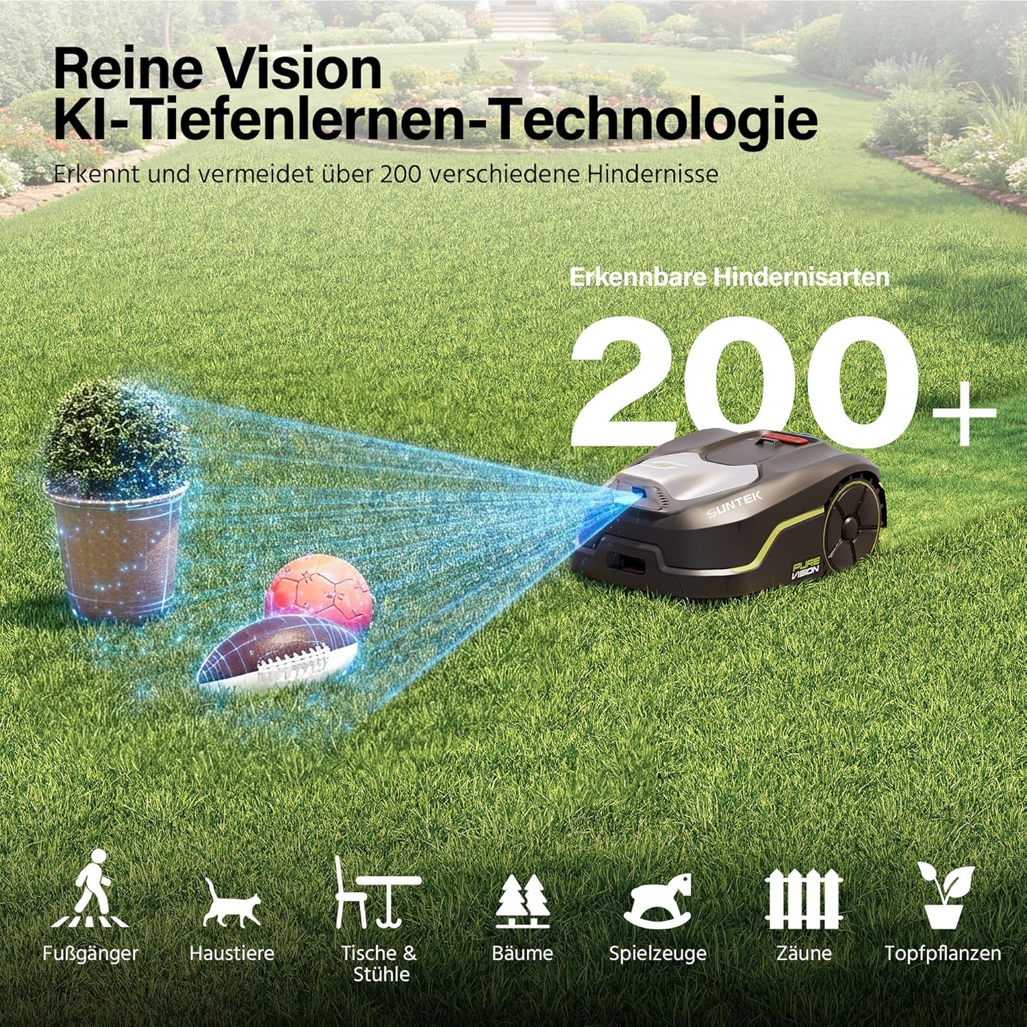 SUNTEK SRM2025 Mähroboter ohne Begrenzungskabel, KI Pure Vision Rasenmäher Roboter für 250 m² mit automatischer Kartierung, 35% Steigung, Wasserdichtigkeit IPX5, Automatische Kartierung mit Garage