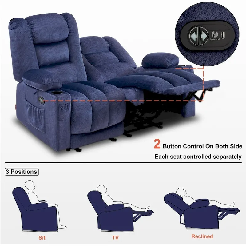 MCombo Power Reclining Loveseat Sofa with Heat and Massage, Fabric PR648