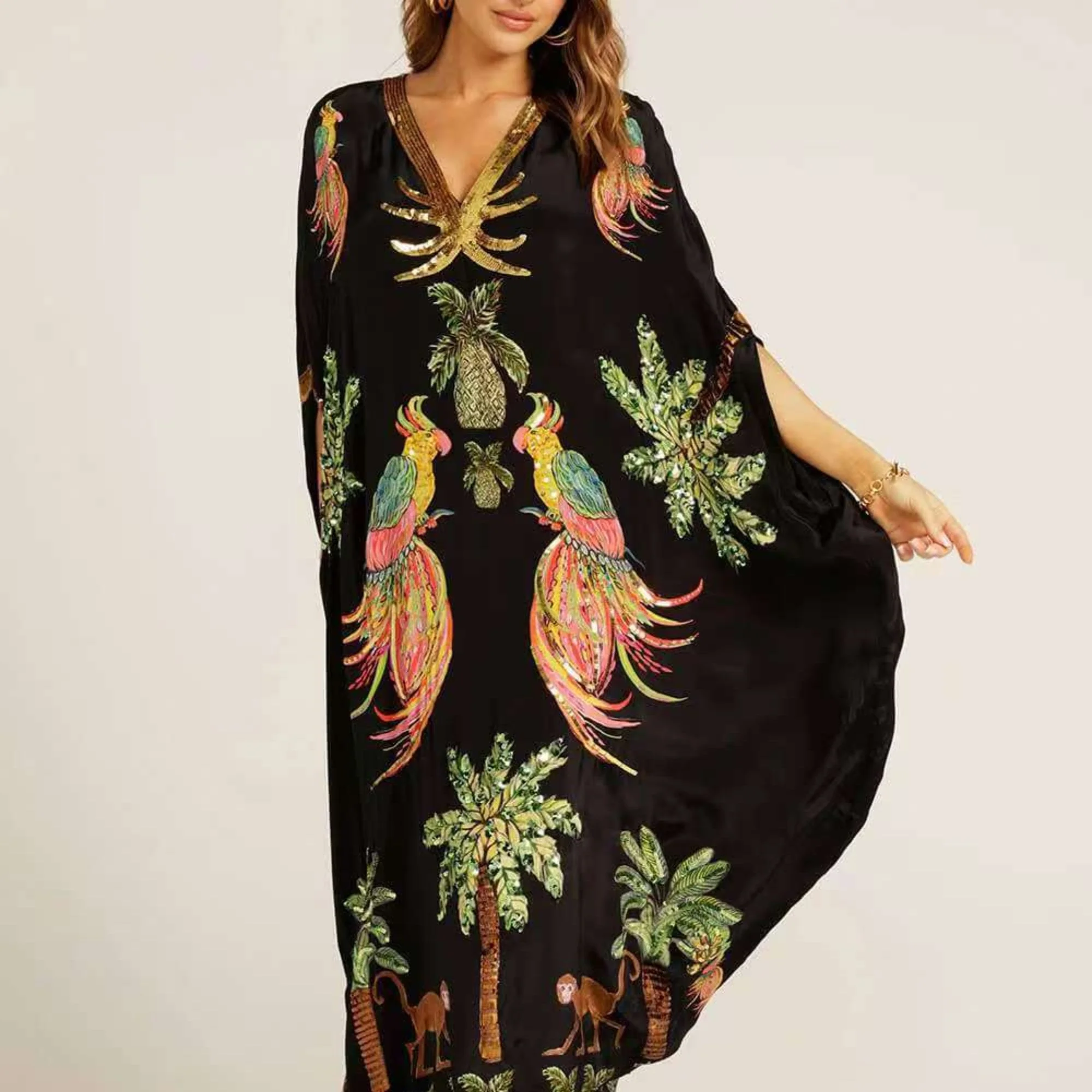 Women��s Tropical Print Kaftan Dress Loose-Fitting Summer Style