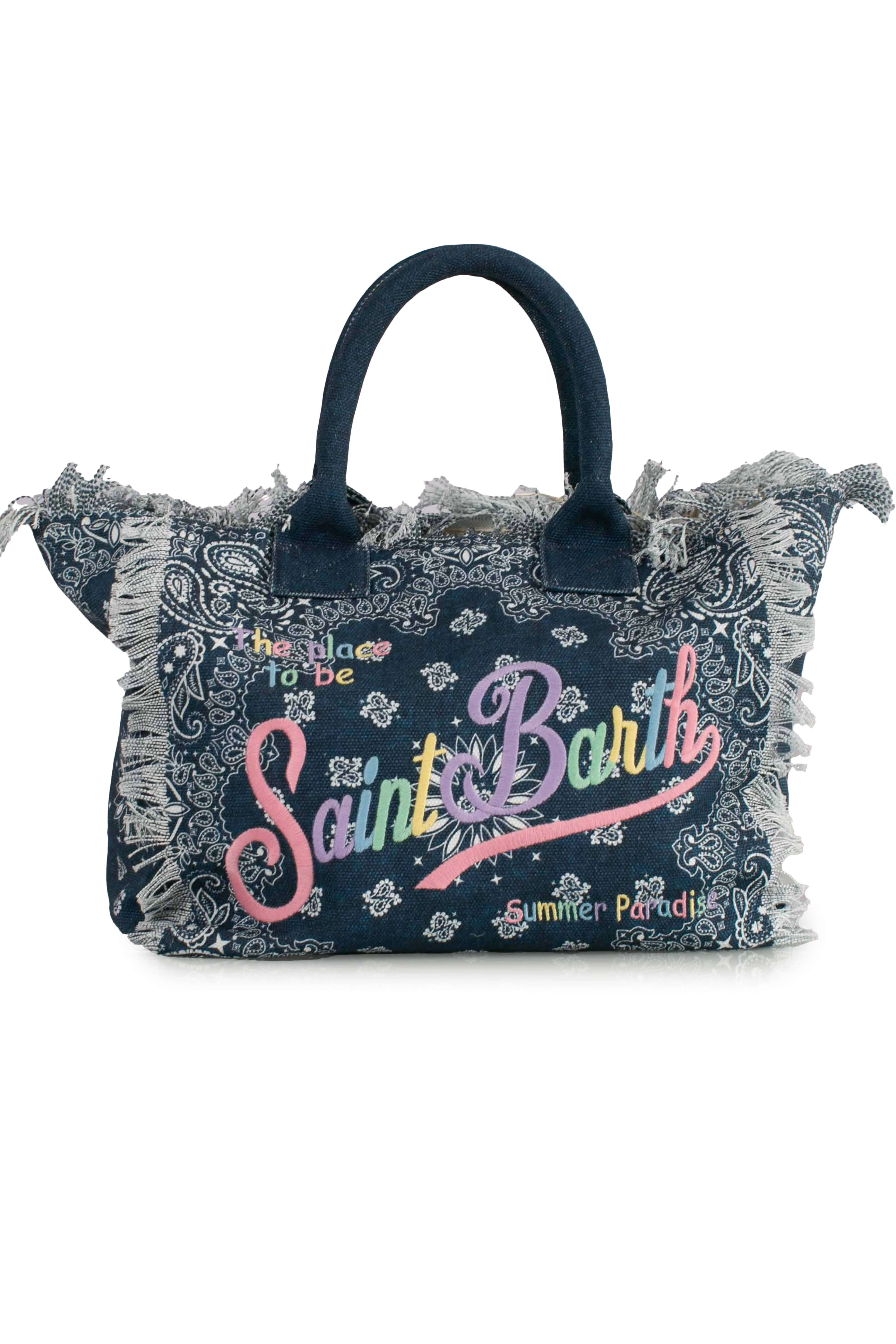 Borsa a spalla Vanity in canvas di cotone denim blu con stampa bandana