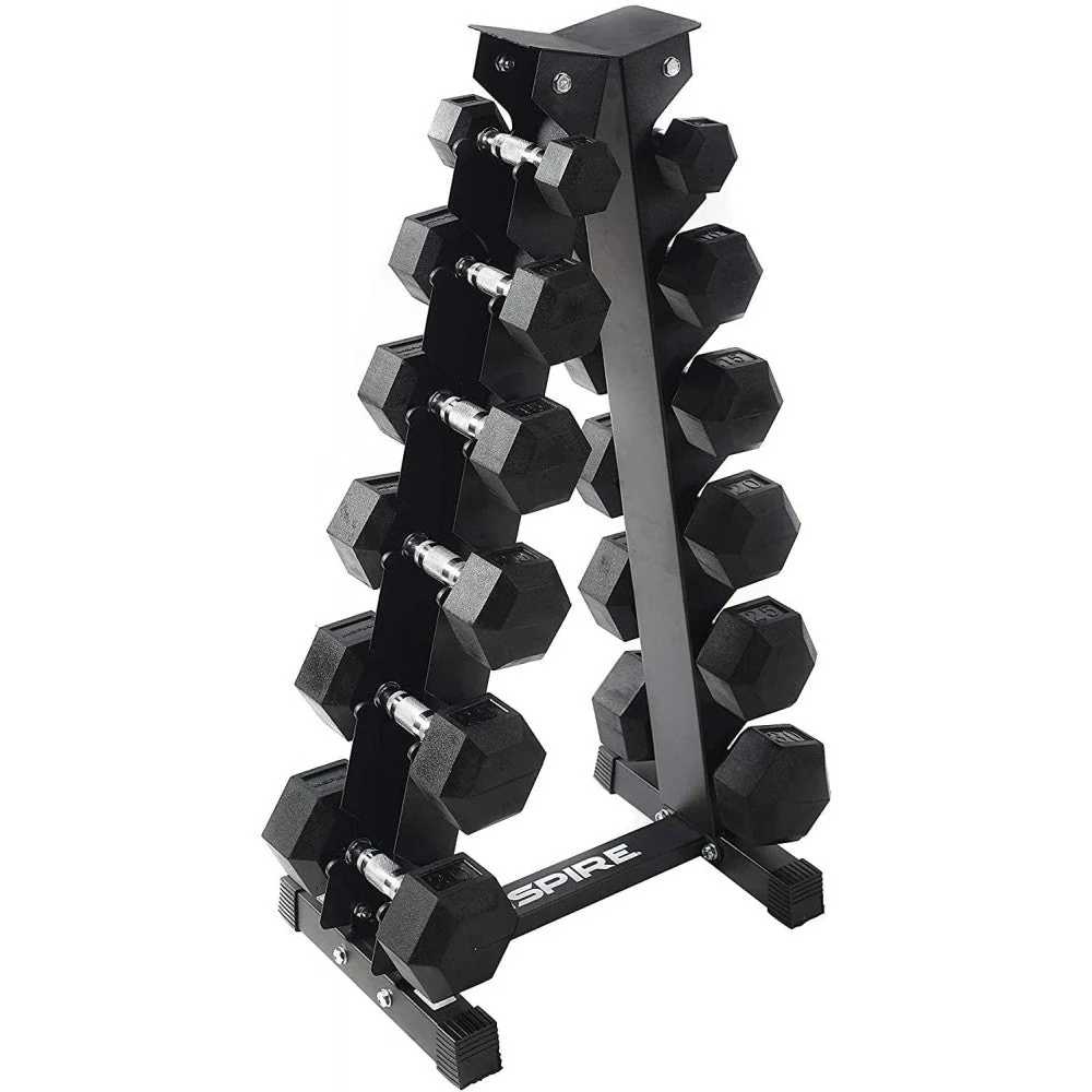 Inspire Fitness 210 lb. (5-30 lb.) Rubber Dumbbell Set with 6 pair Vertical Rack