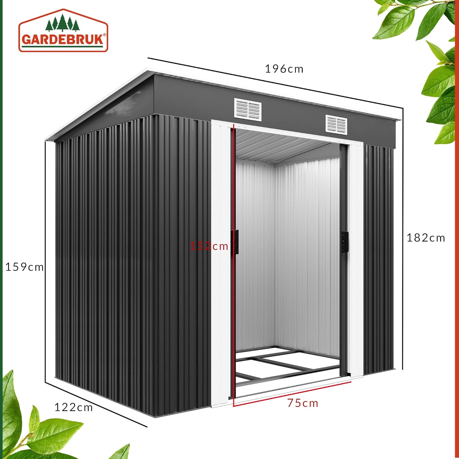 GARDEBRUK® L Metall Gerätehaus 2m² mit Fundament 200x125x185cm Schiebetür Anthrazit Geräteschuppen Gartenhaus 4m³
