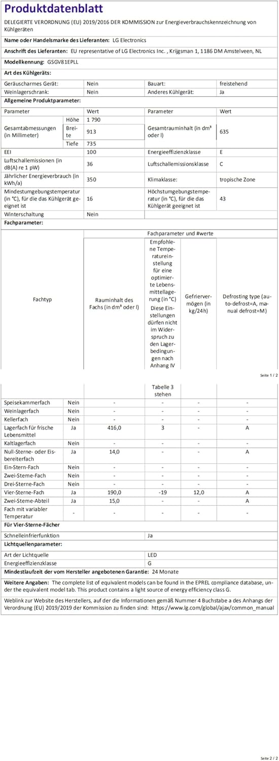 LG GSGV81PYLL Side by Side Kühlschrank, Klasse E, 635 L, Instaview, Kühlschrank mit Gefrierfach, Eis-, Crushed Ice- Wasserspender, Total NoFrost, Smart Inverter Kompressor, Wi-Fi