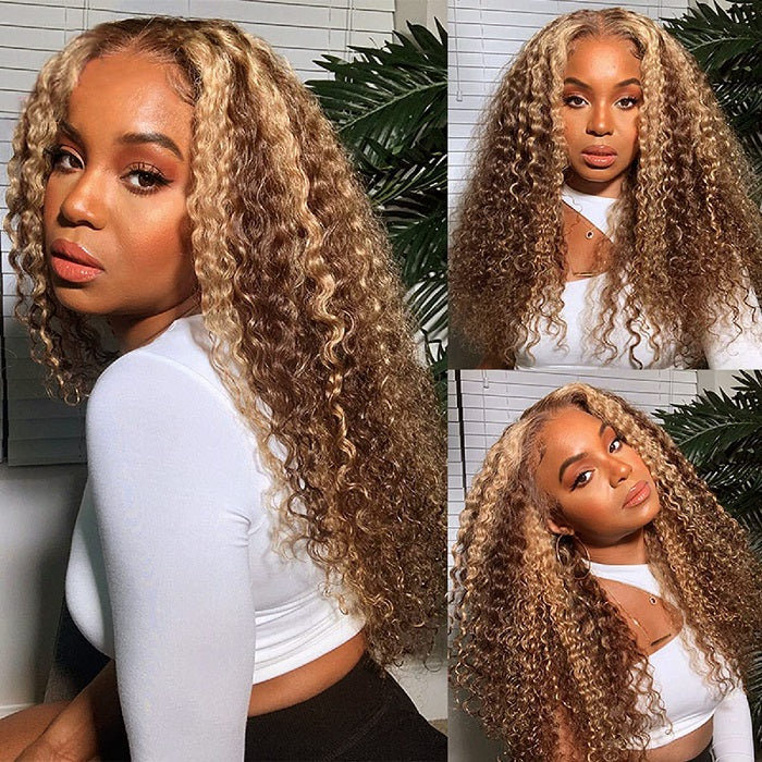 Clearance Highlight 4/27 Curly Hair HD Lace Wig Honey Blonde Ombre 13x4 Invisible Lace Frontal Human Hair Closure Wig Remy PrePlucked With Baby Hair