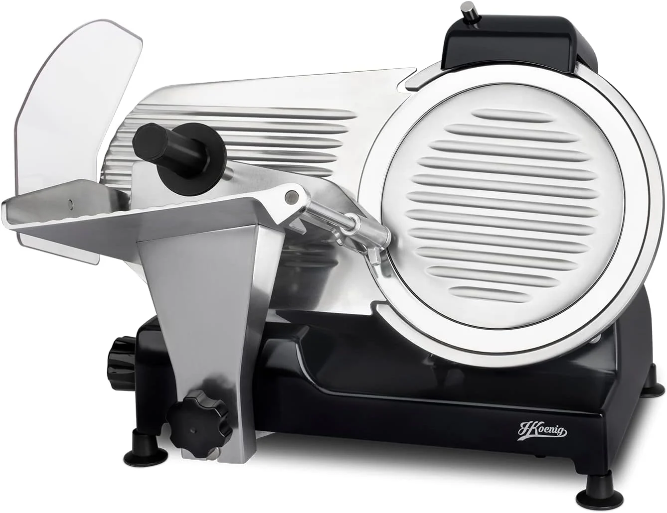 H.Koenig MSX250 Professional Precision Electric Meat Slicer 0-12 mm Cutting Thickness 25 cm Italian Blade Integrated Sharpener Wide Tray 282 RPM Silver