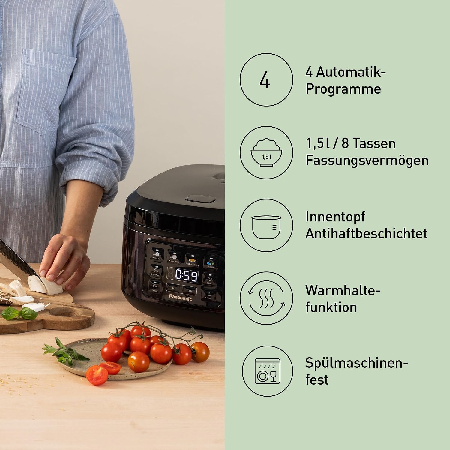 Panasonic SR-DA152KXE Automatischer Reiskocher mit Dampfgarer, 1,5 Liter, 8 Tassen, Fuzzy-Logik, Wasserverhältnisanzeige, BPA-frei, Warmhalten, Startverzögerung, spülmaschinengeeignete Teile, schwarz