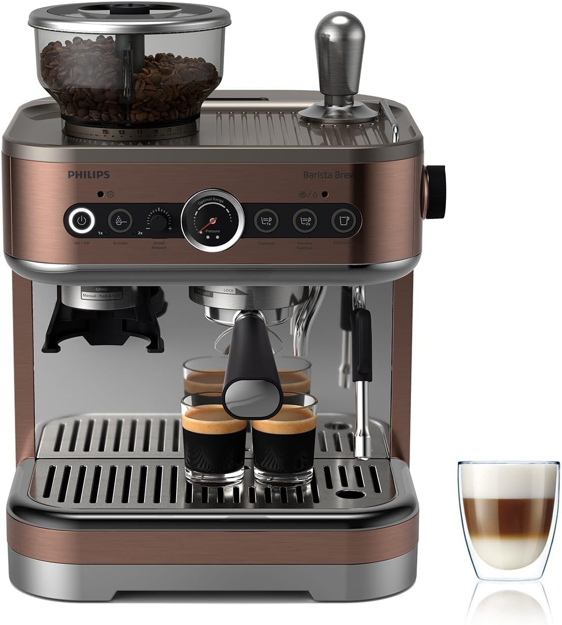 Philips Barista Brew Macchina per caffè espresso semiautomatica - Pulsante per espresso singolo, doppio e Americano, doppio contenitore di caffè in grani da 280 g, cappuccino in metallo (PSA3228/41)