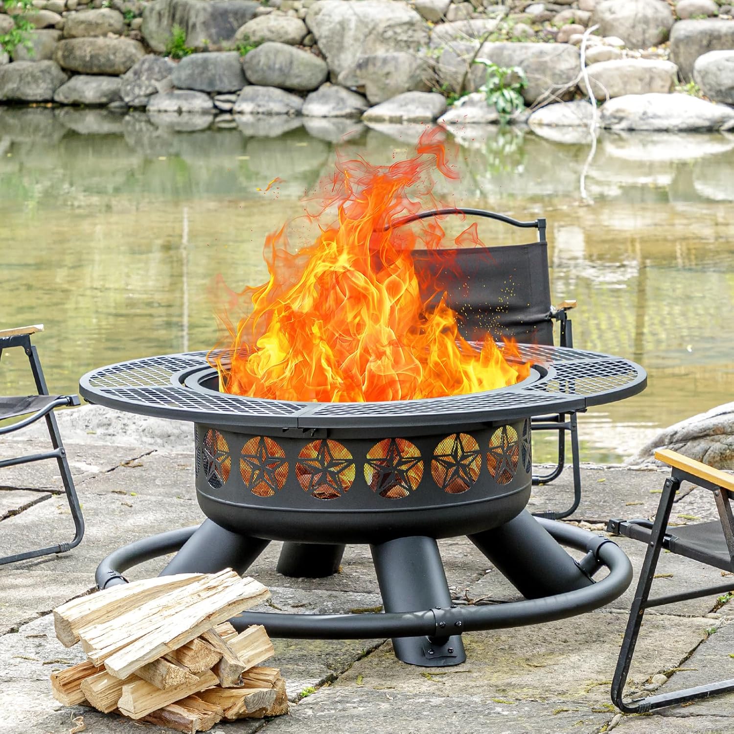 47 Inch Outdoor Fire Pit with 2 Grills  Extra Large BBQ Firepits for Outside  Metal Round Fire pits with Lid&Fire Poker 3 in 1 Wood Burning Outdoor Fireplaces for Backyard Patio Bonfire