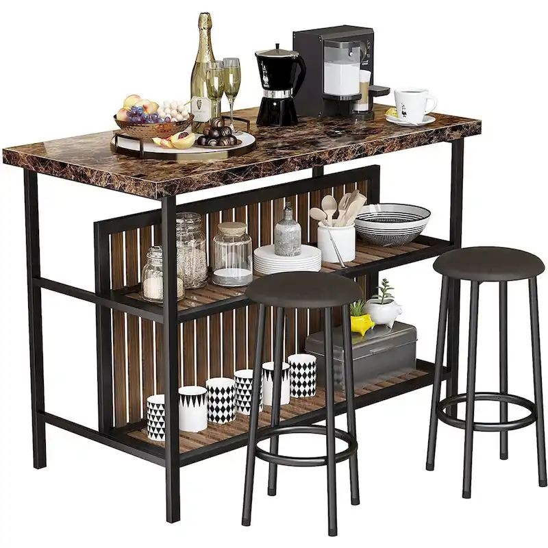 Kitchen Island with 2 Stools and Open Shelves