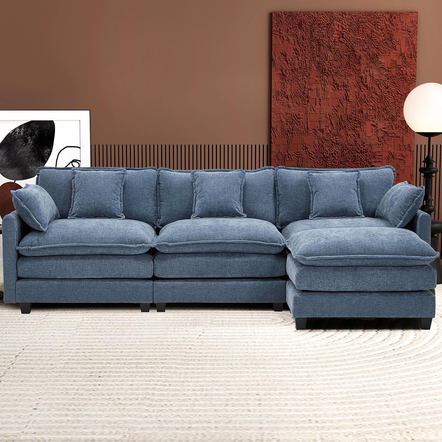 111.4 Inch L-Shaped Modern Sofa Modular Cloud Sofa Ottoman 4-Seater Chenille Deep Seat Sofa