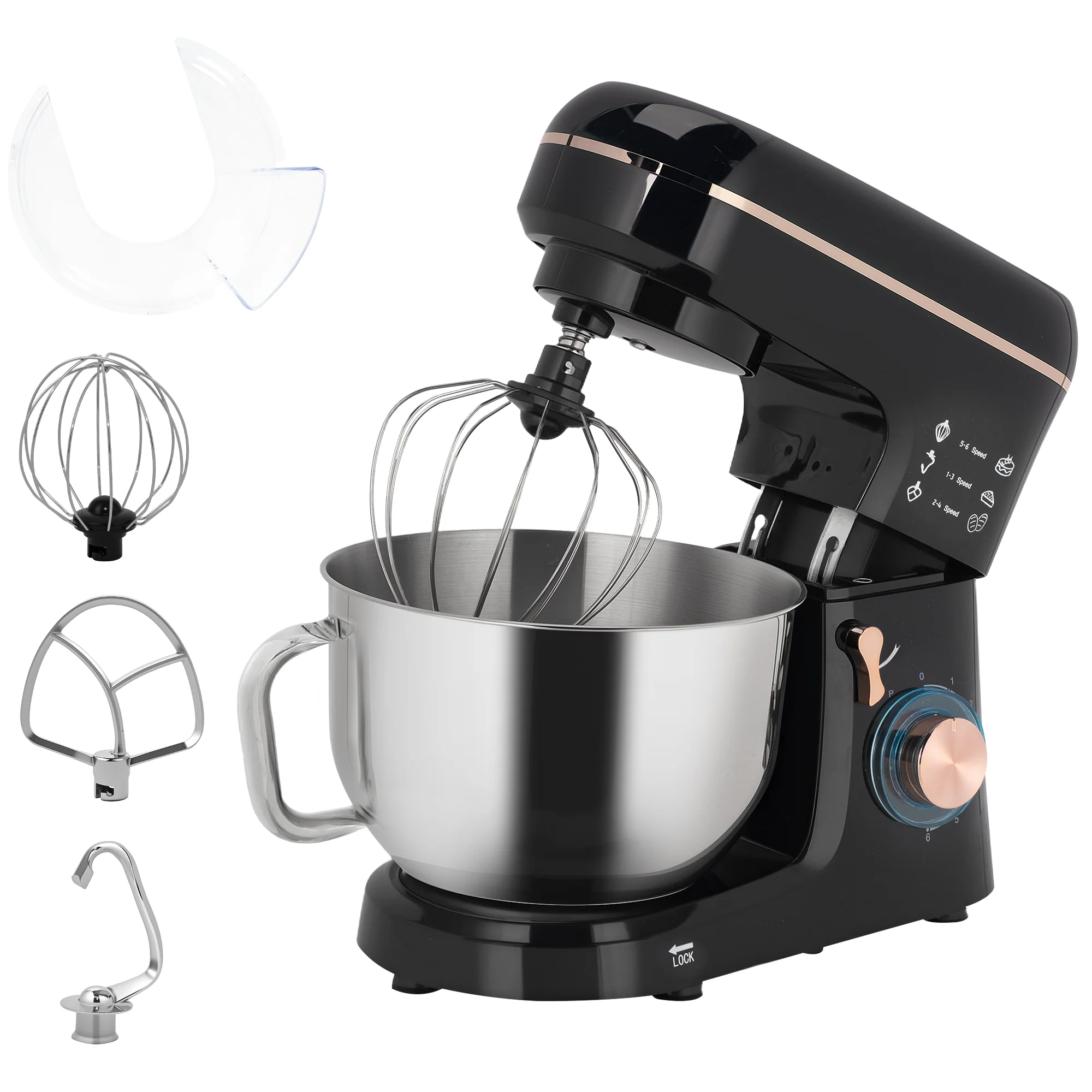 HOMCOM Staande Mixer, Keukenmachine, Mixer, 6 Standen, 5,5L Roestvrijstalen Kom, Zwart