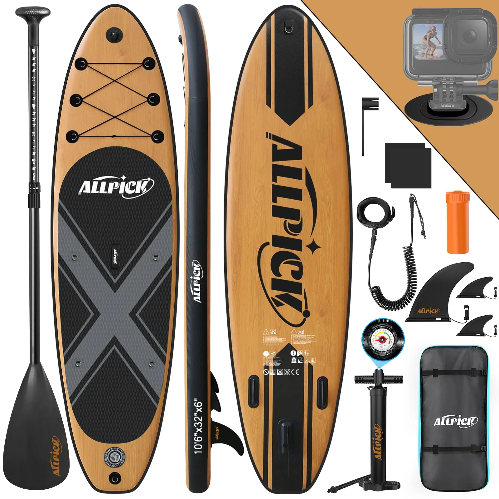 ALLPICK Set premium tavola SUP, tavola da Stand Up Paddling gonfiabile, con supporto universale per fotocamera, accessori completi, pagaia regolabile, principianti e avanzati, finitura effetto legno.