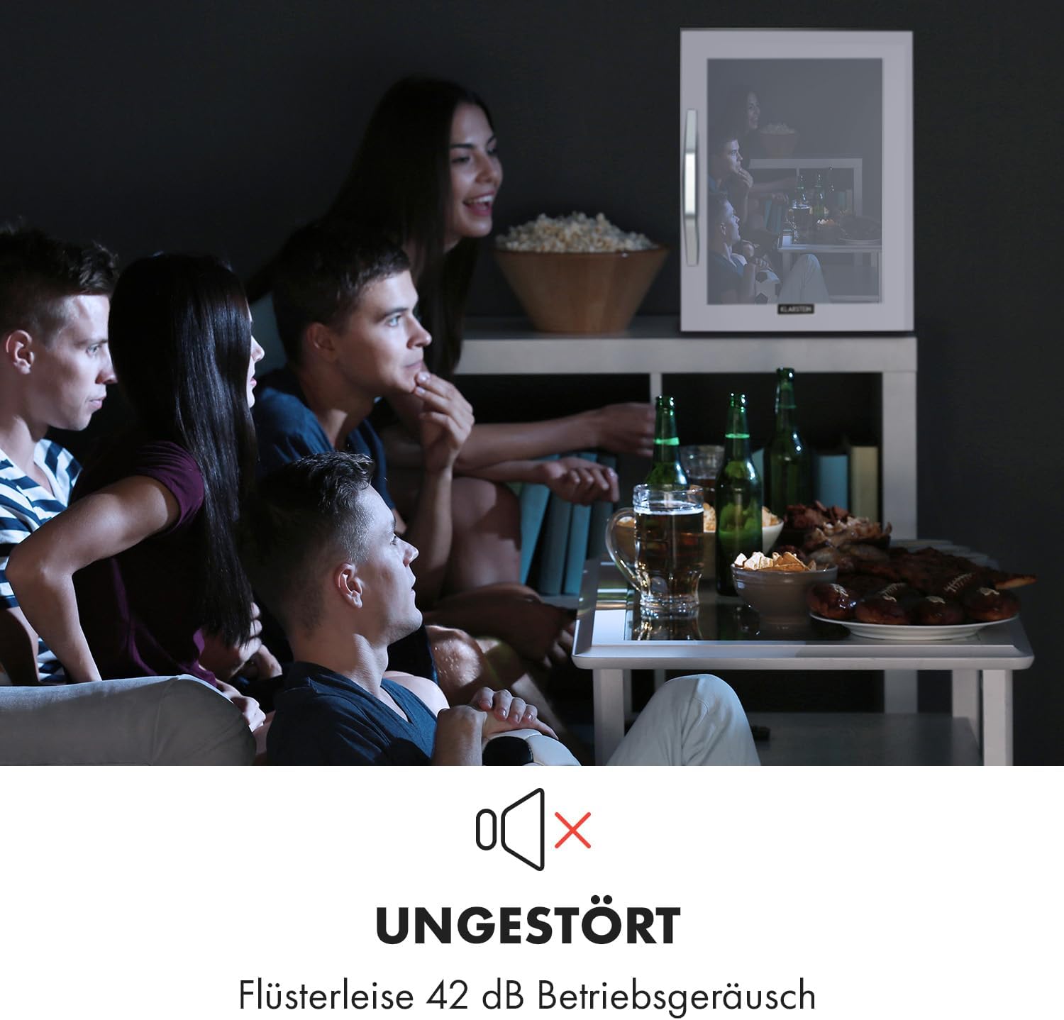 Klarstein Mini Koelkast met Glazen Deur voor Kamer, Drankenkoelkast met Verstelbare Planken, Klein 80 Liter, Indoor/Outdoor Koelkast Stil