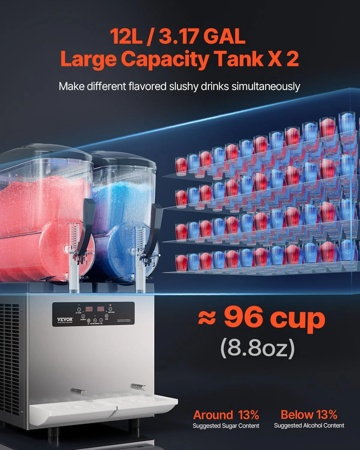VEVOR Kereskedelmi Slushie Gép 12 L x 2 Dupla tartályos Fagyasztott Ital Gép, 96 Csésze Rozsdamentes Acél Slushie Gép Billentyűzettel Lágyfagylalt Készítő Partikra Éttermekbe Kávézókba Bárokba