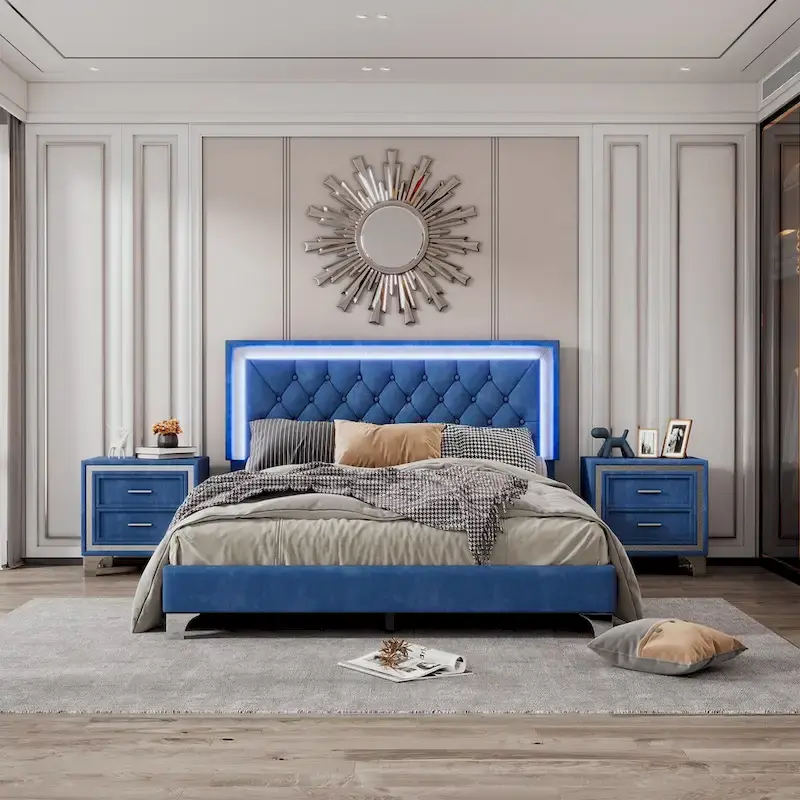 3-Pieces Bedroom Sets with Queen Size Upholstered Platform Bed and Two Nightstands