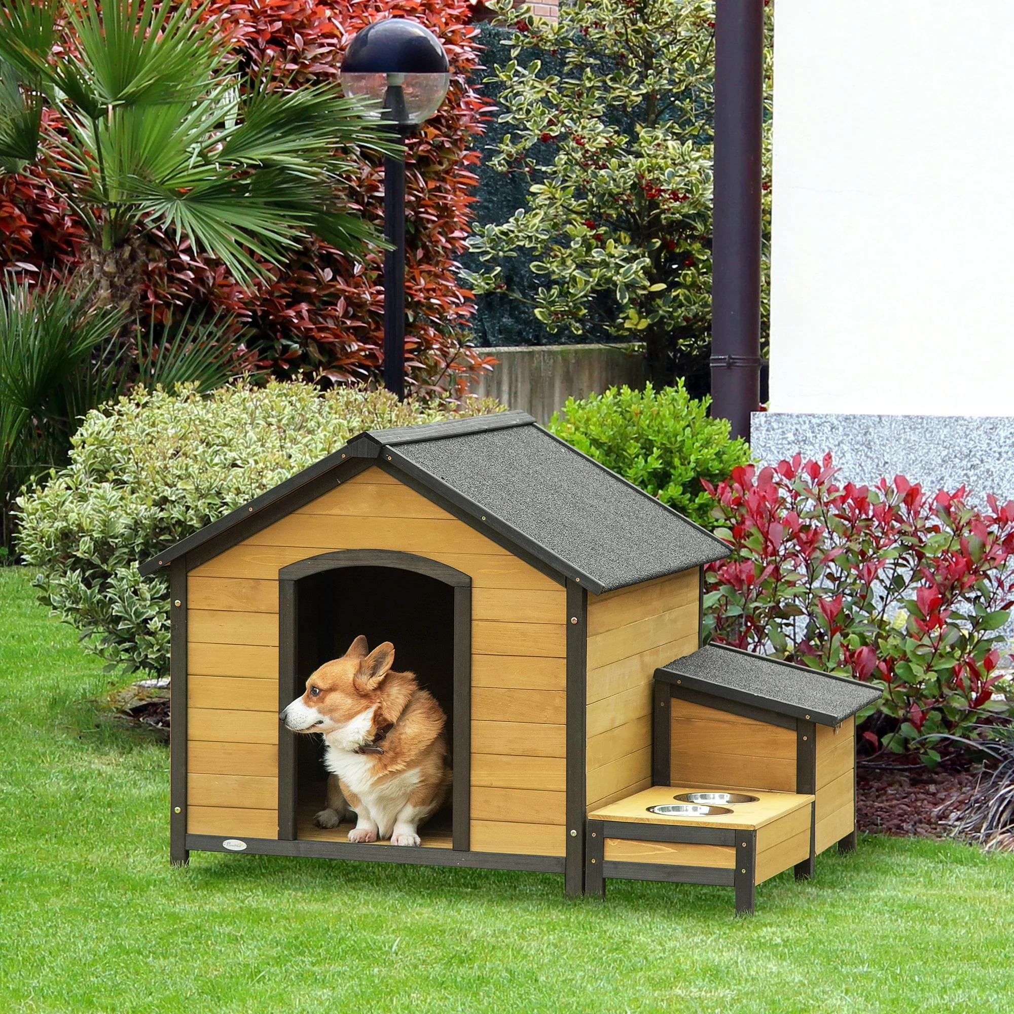Easycomfort Cuccia per Cani Taglia Media con 2 Porta Ciotole, Box Esterno e Tetto in Bitume, 130x93x92cm