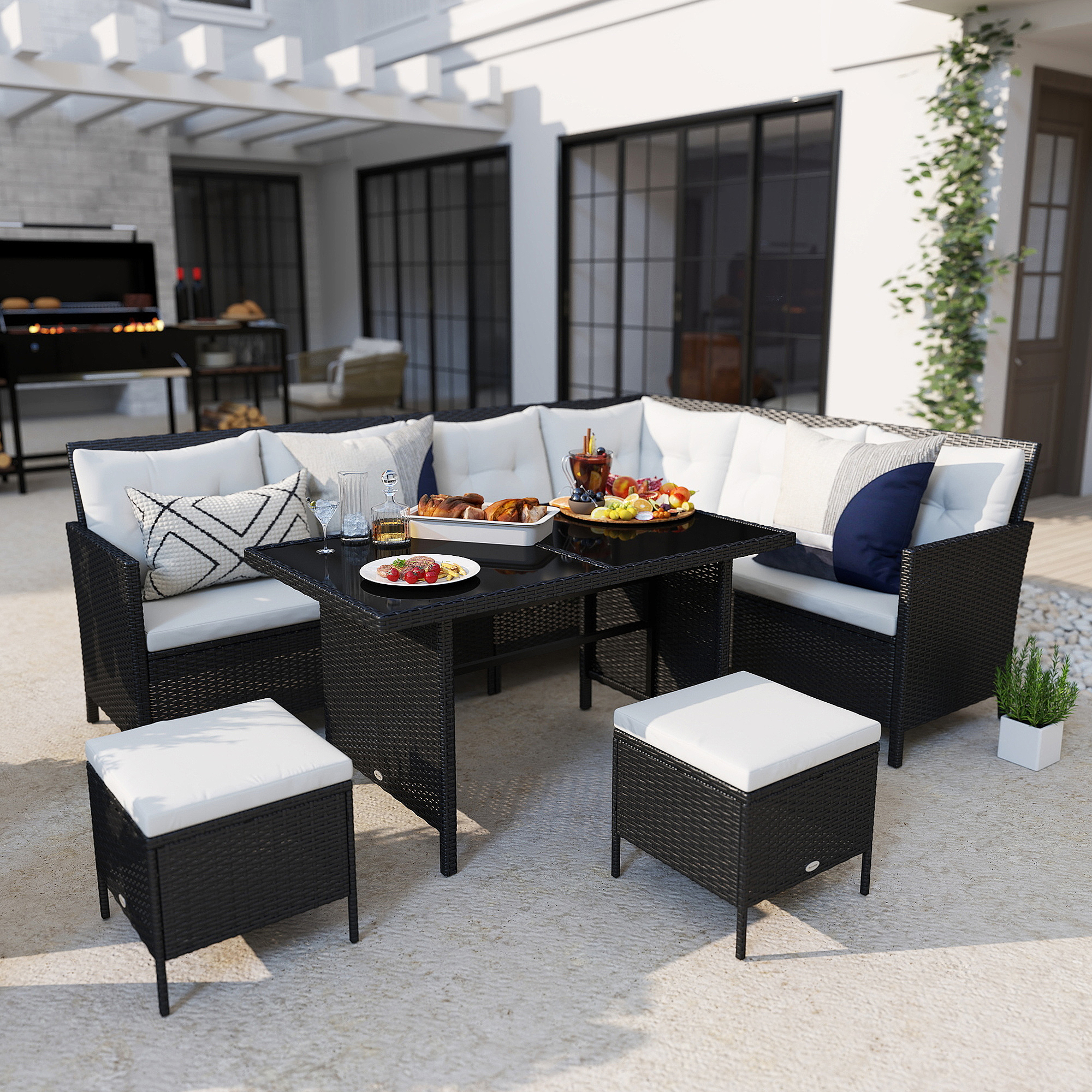 Outsunny 18-delige poly-rotan zitgroep bankstel tuinset fauteuil krukkenset