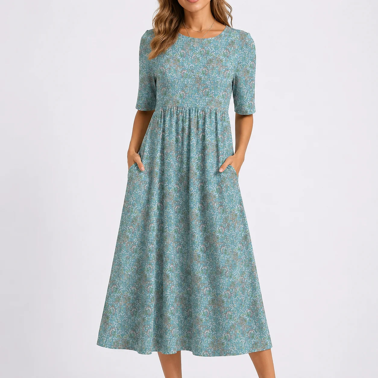 Womena??s Floral Midi Dress V-Neckline and Defined Waist