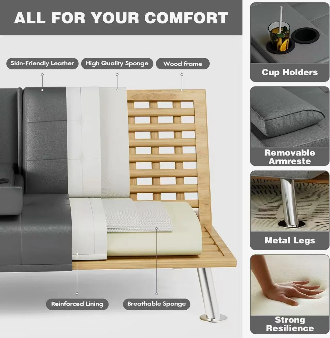 Homall Futon Sofa Bed Leather Futon Couch Removable Armrests Adjustable Recliner Sofa Bed
