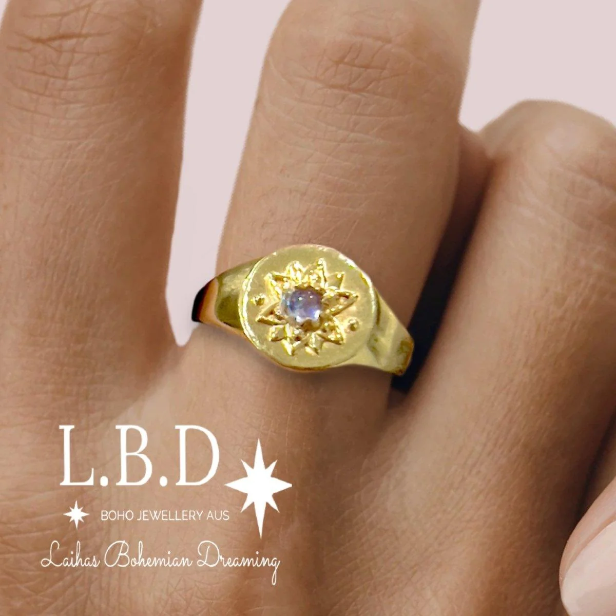 Intricate Vera May Gold Signet Ring- Moonstone Ring