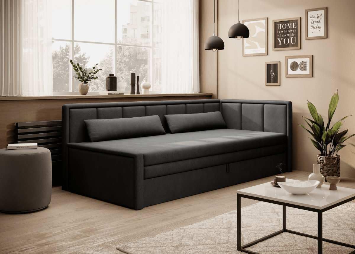 Luxusbetten24 Designer Sofa Fellano mit Schlaffunktion und Stauraum | Bezug: Samt | Farbe: Schwarz/Anthrazit | Stellvariante: Rechts