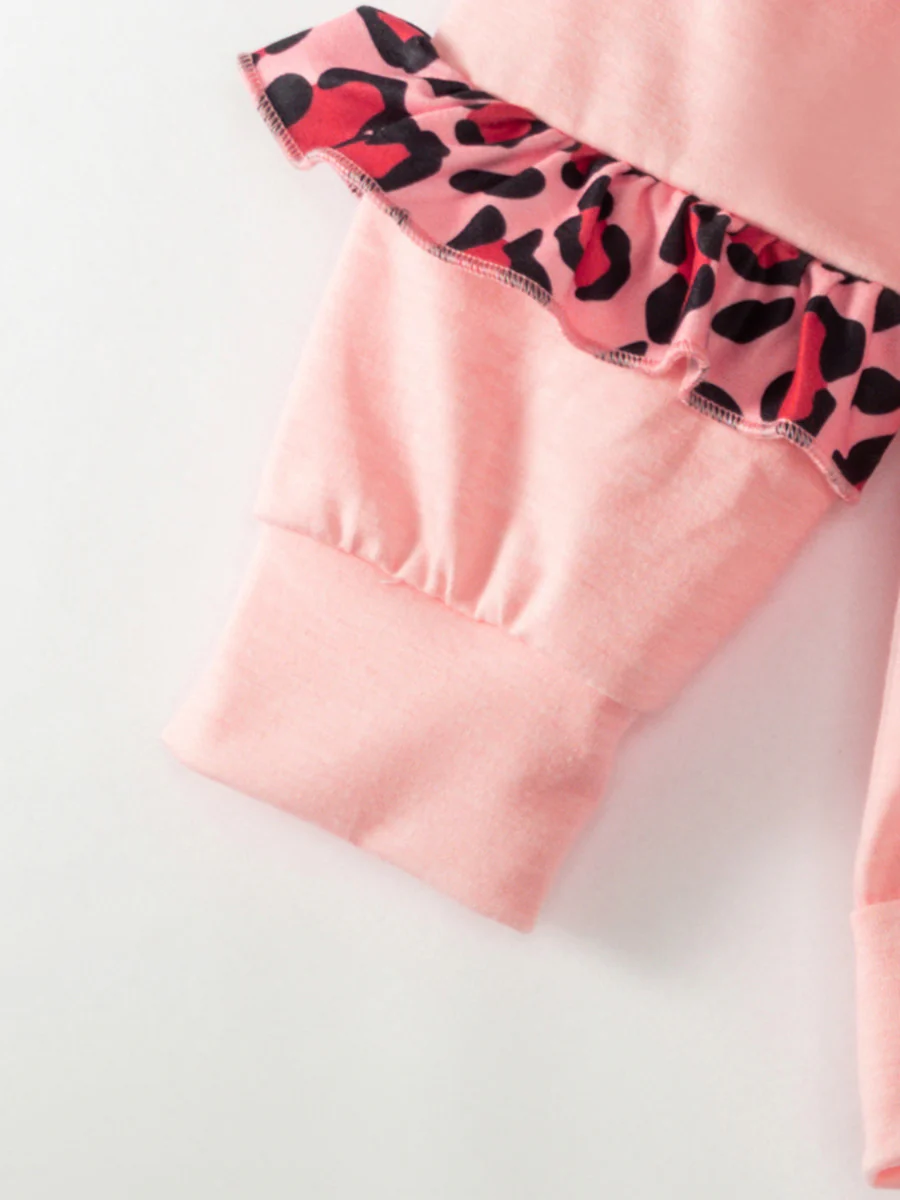 Valentine's Day Pink Leopard Heart Ruffle Girl Skirt Set