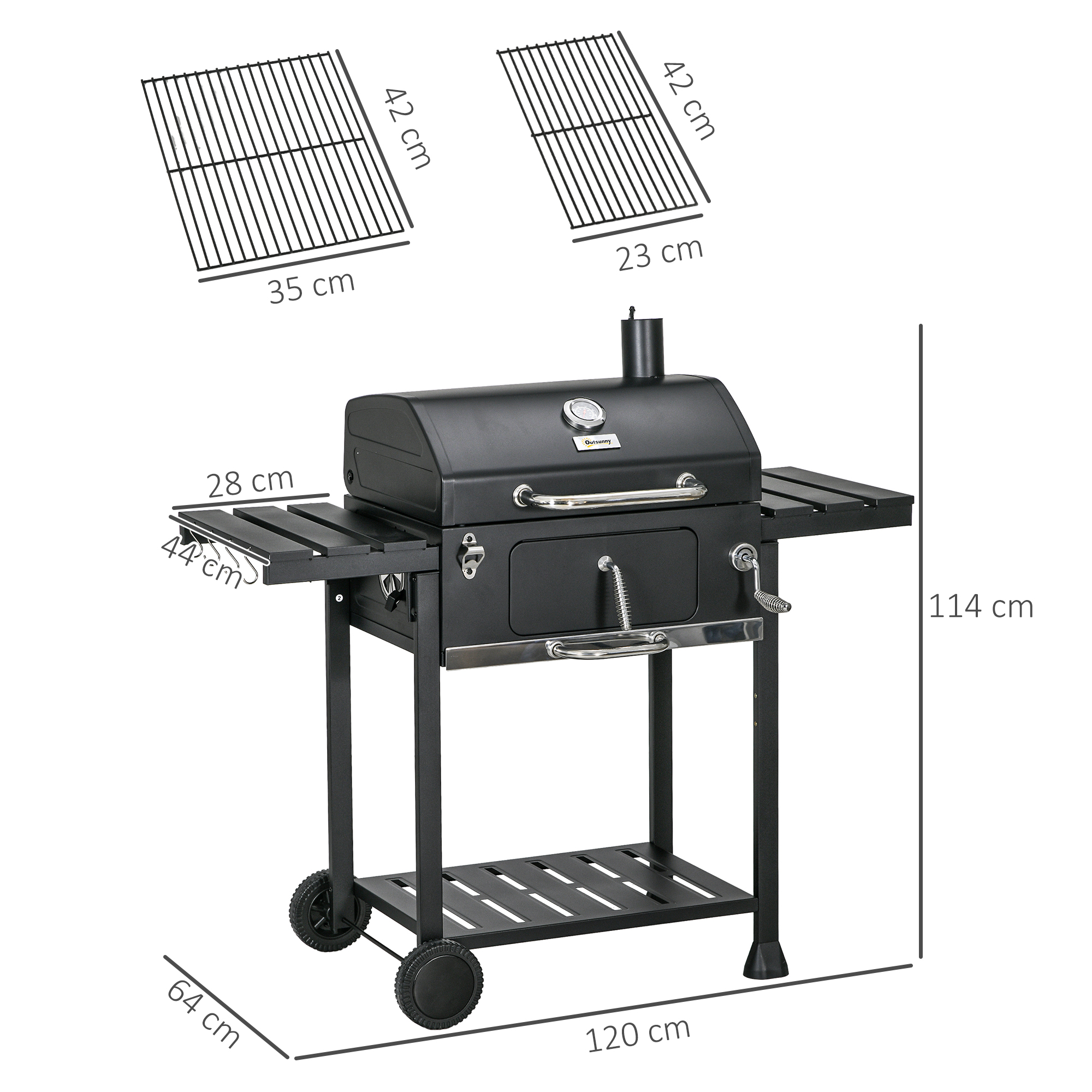 Outsunny Kolenbarbecue BBQ-grill Smoker, inclusief thermometer, flesopener, 120 x 64 x 114 cm, Zwart