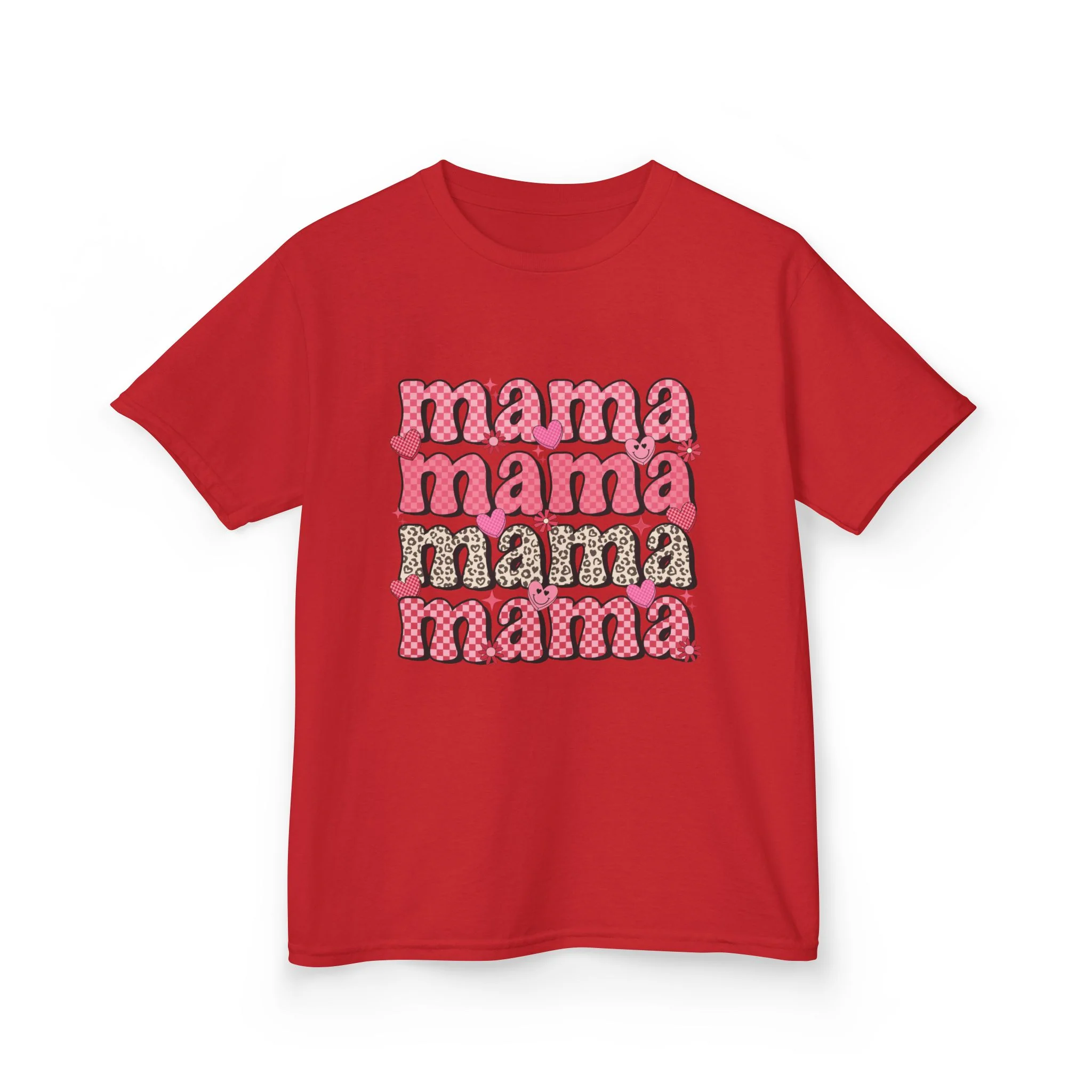 mama stacked text Kids Tee | Retro Pink Pattern