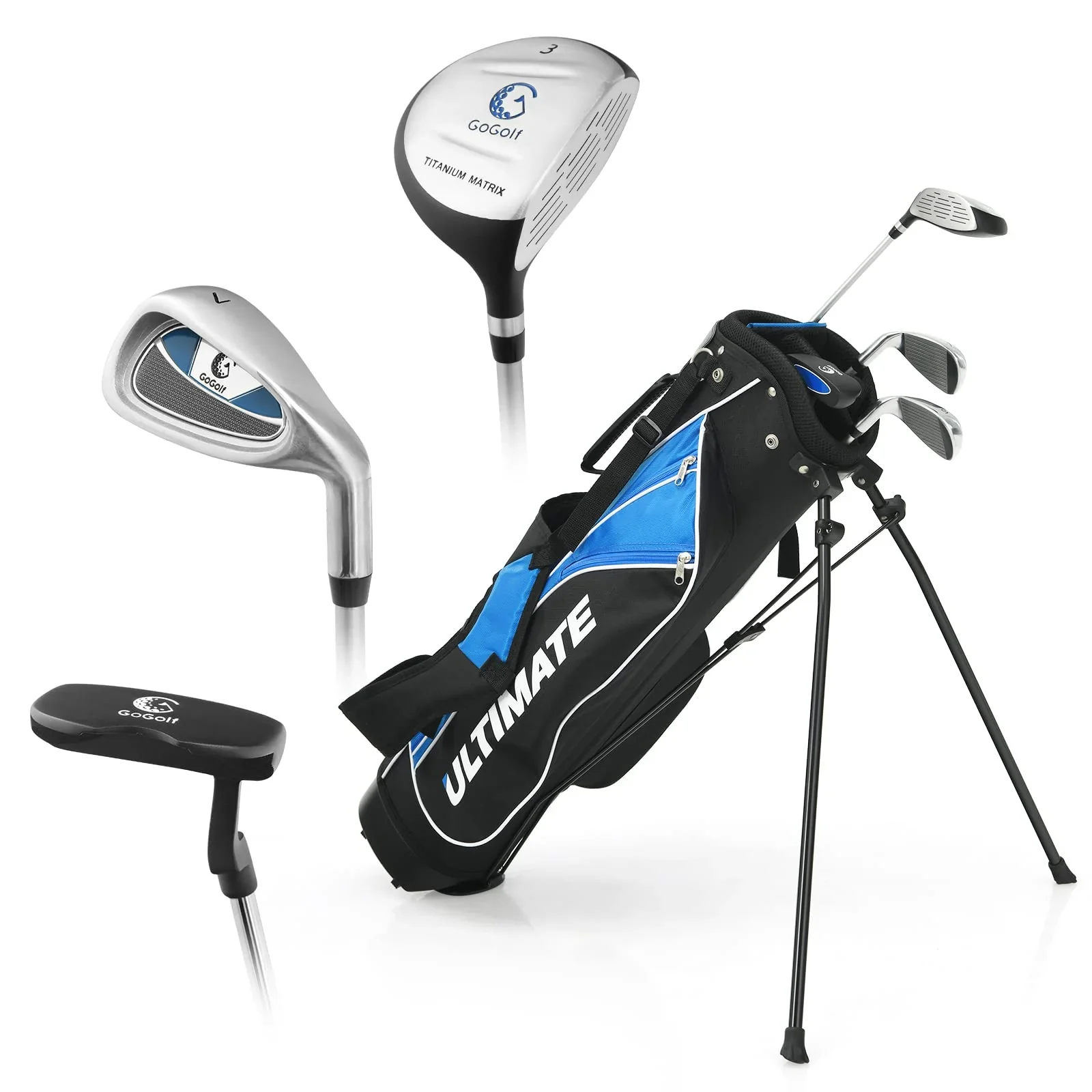 Teljes junior golfütő szett 8-13 éveseknek, 3-as fairway fával, 7-es és 9-es vassal, putterrel