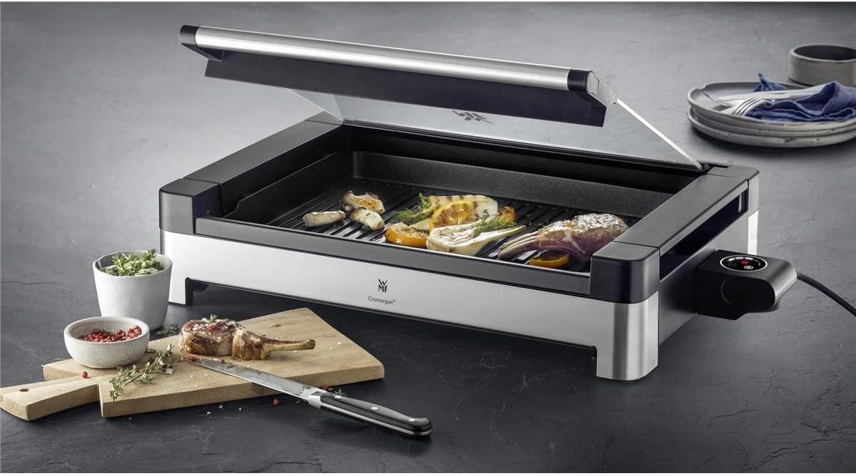 WMF Lono Tischgrill elektrisch mit Glasdeckel, beschichtete Grillplatte, herausnehmbare Auffangschale, spülmaschinenfest, Edelstahl matt, 2200 Watt