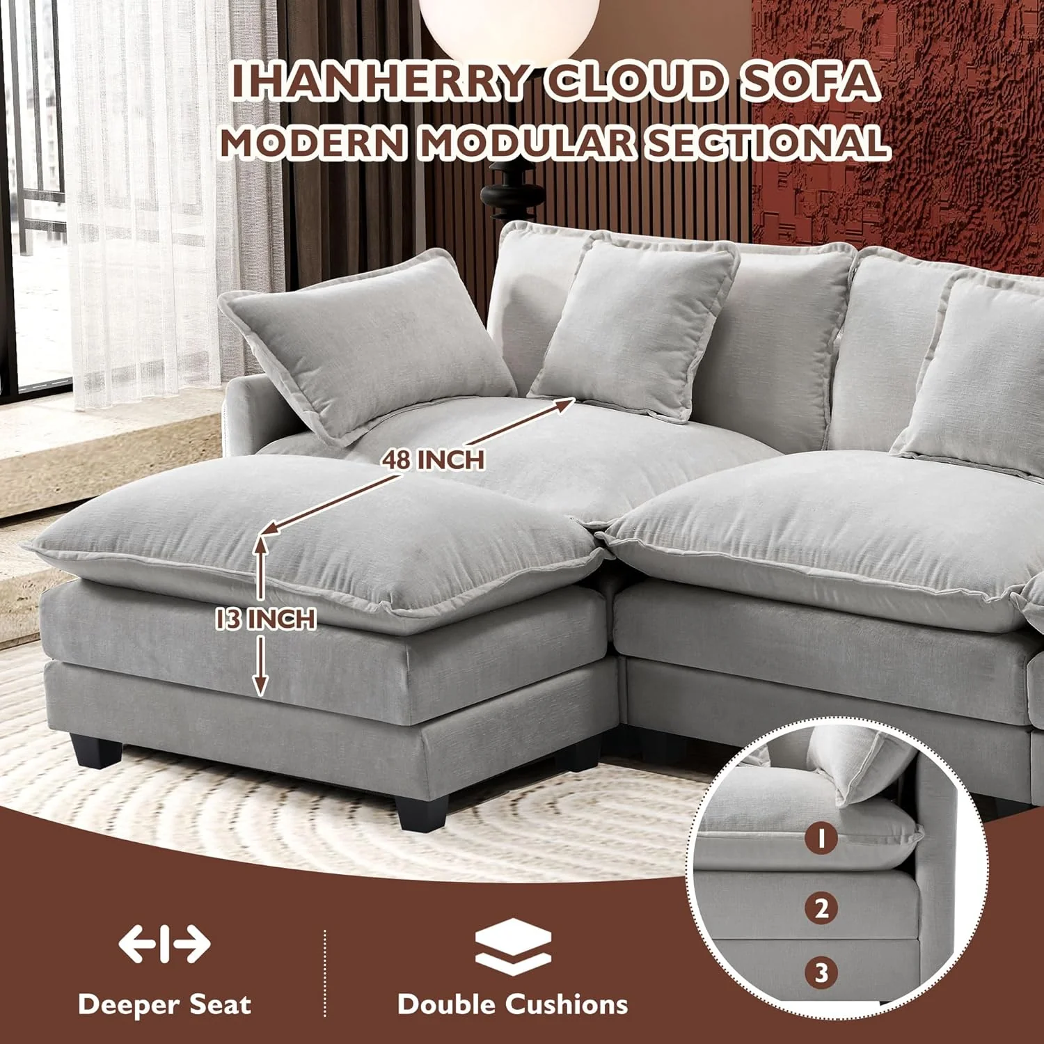 111.4 Inch L-Shaped Modern Sofa Modular Cloud Sofa Ottoman 4-Seater Chenille Deep Seat Sofa