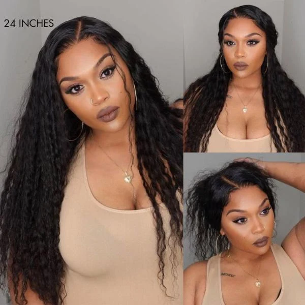 Flowy Bohemian Water wave 8x5 Closure Lace Glueless Mid Part Long Wig 100% Human Hair