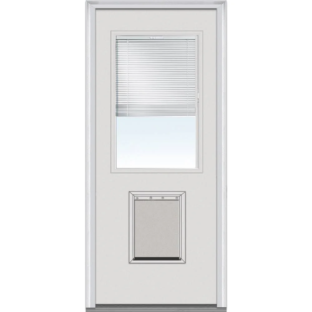 National Door Company Steel Exterior Door, Primed, 1/2 Lite with Clear Glass Internal Blinds & Pet Door, Right Hand Inswing, 32�测��x80�测��