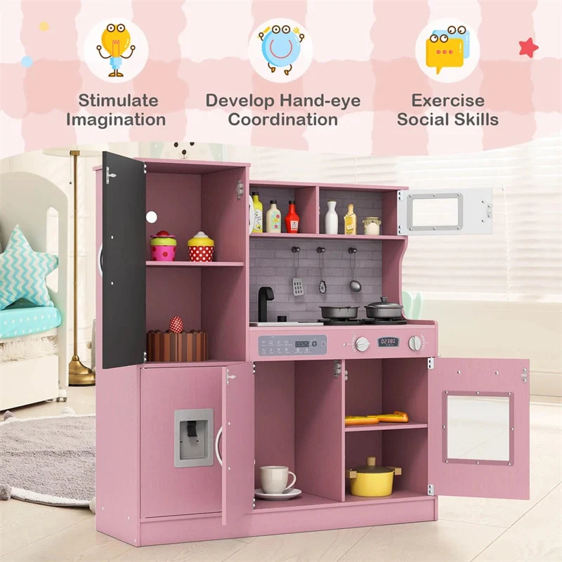 Large Wooden Kids Kitchen Playset, Little Chef Pretend Toy Kitchen Set w/Chalkboard, Microwave, Real Sounds & Lights for Toddlers Age 3+