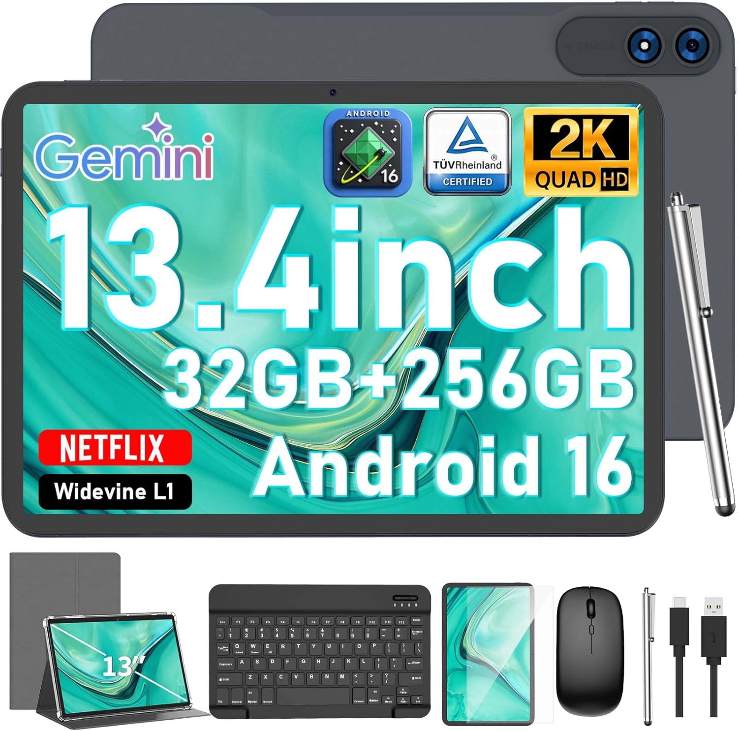 13 Inch Tablet, Android 16 Tablet with Keyboard, 32GB+256GB+2TB Expand, 120Hz 1920x1200 IPS Display, Gemini AI, 10000mAh, 8-Core, Wi-Fi, GPS, Large Screen 2K Tablet PC with Case, Mouse, Stylus(Silver)