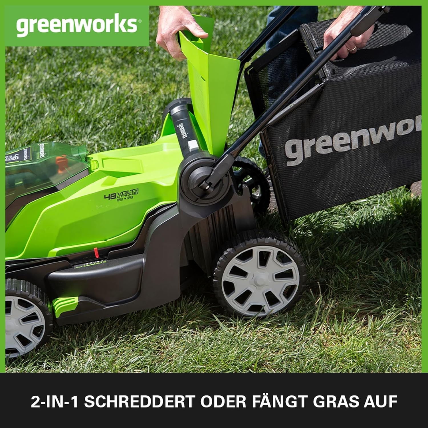 Greenworks 48V (2x24V) Selbstfahrender Akku Rasenmher für groe Flchen bis zu 480m, 46cm Schnittbreite, 55L Sack PLUS zwei 4Ah-Akkus und Doppelladegert GD24X2LM46SPK4X