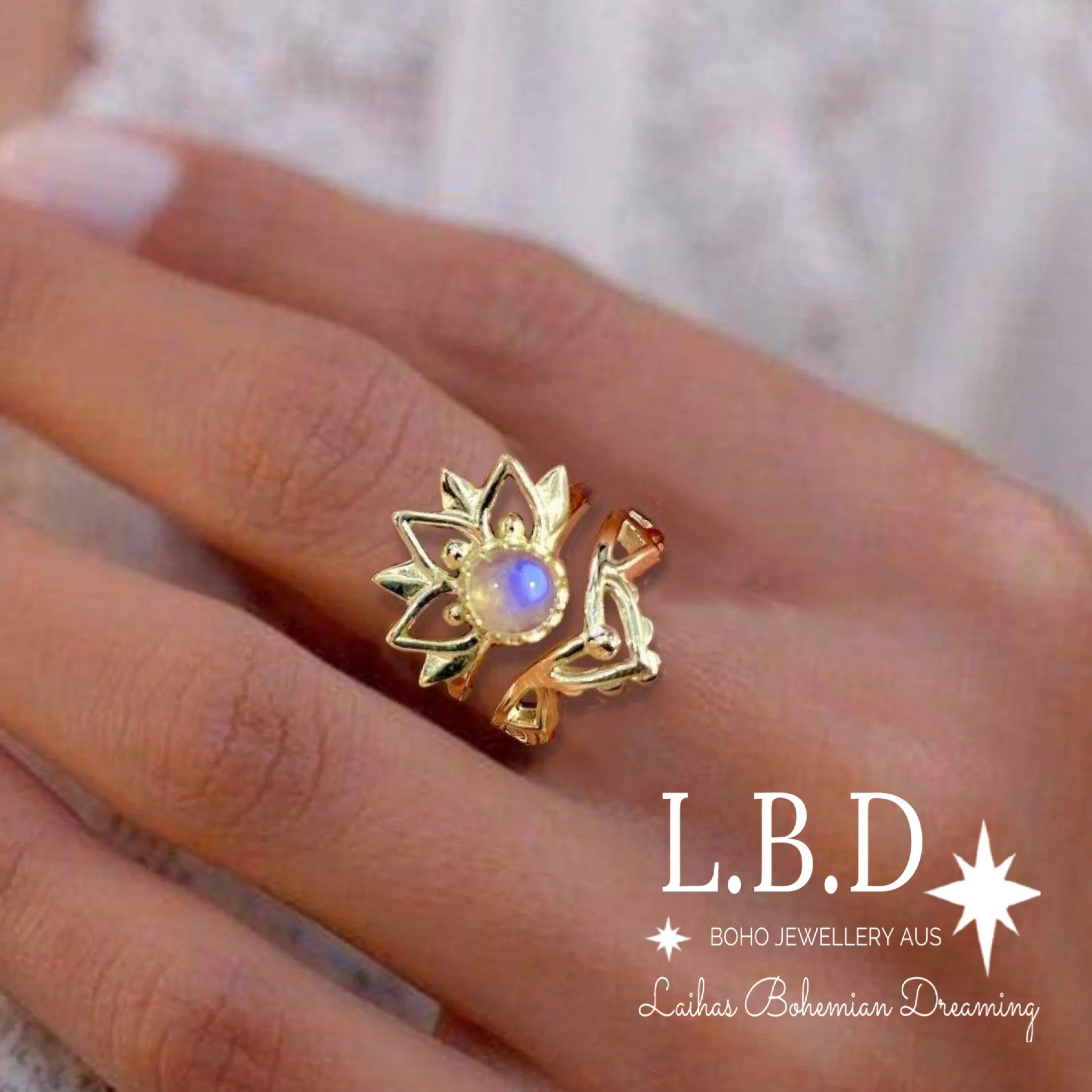 Gold Moonstone Ring Set- Inflorescence Gold Boho Ring