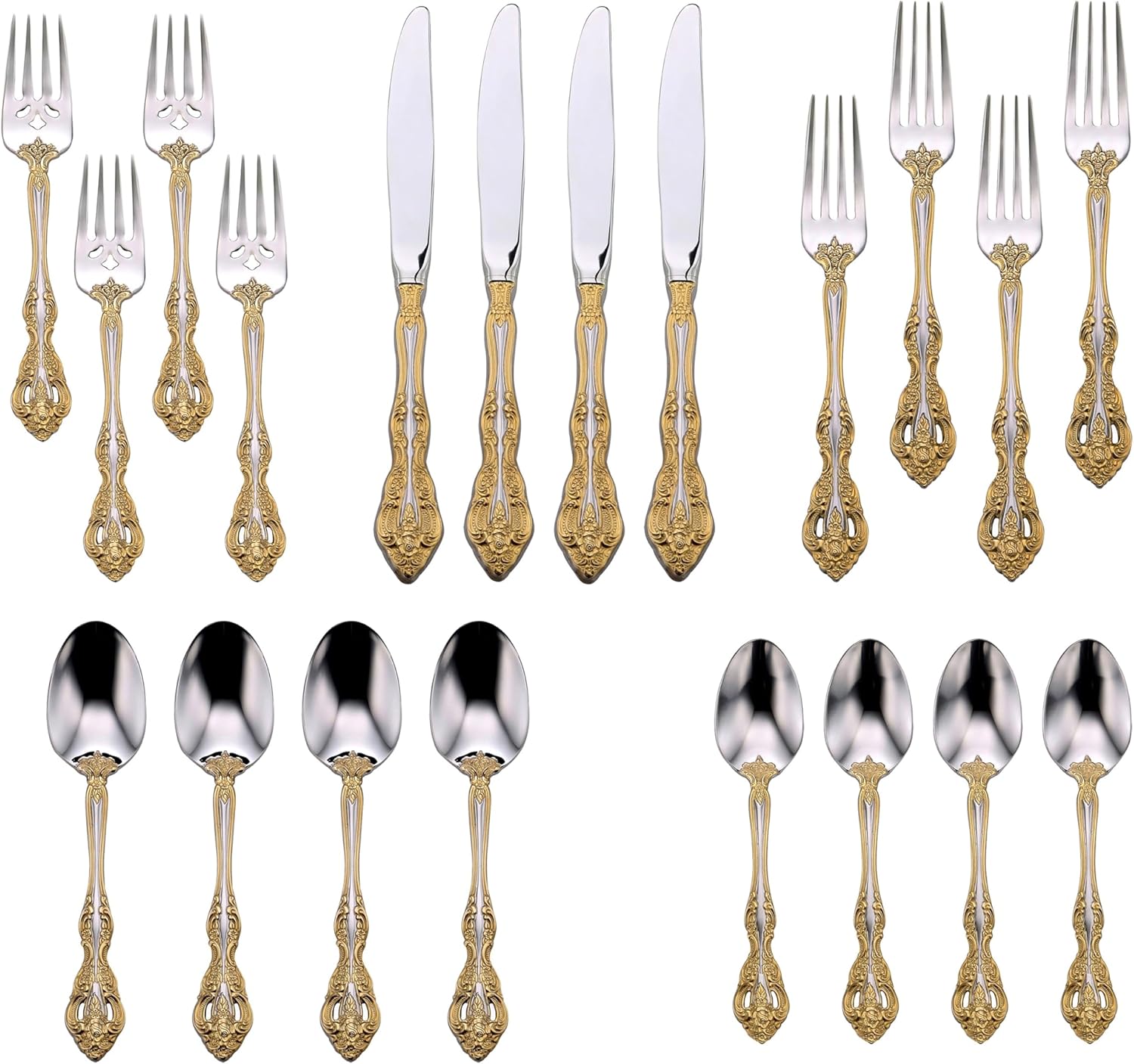 Oneida Silverware Set, Golden Michelangelo 20 Piece Fine Flatware Set, Service For 4, 18/10 Stainless Steel With Gold Carat Tips, Knives Spoons And Forks Sets, Dishwasher Safe (Gold/Silver, 20 Pieces)