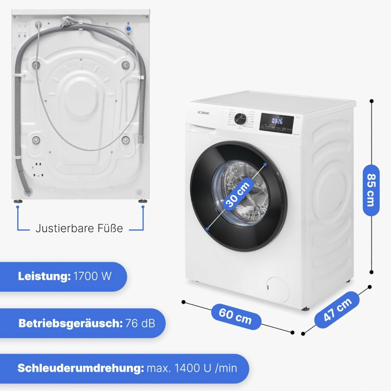 Bomann Wasmachine 7kg | maximaal 1400 tpm | 10 jaar motorgarantie | Effici?nte, stille en duurzame invertermotor | 15 programma's | Eindtijd Netnummer | LED-scherm | Wasmachine | WA 7175 wit