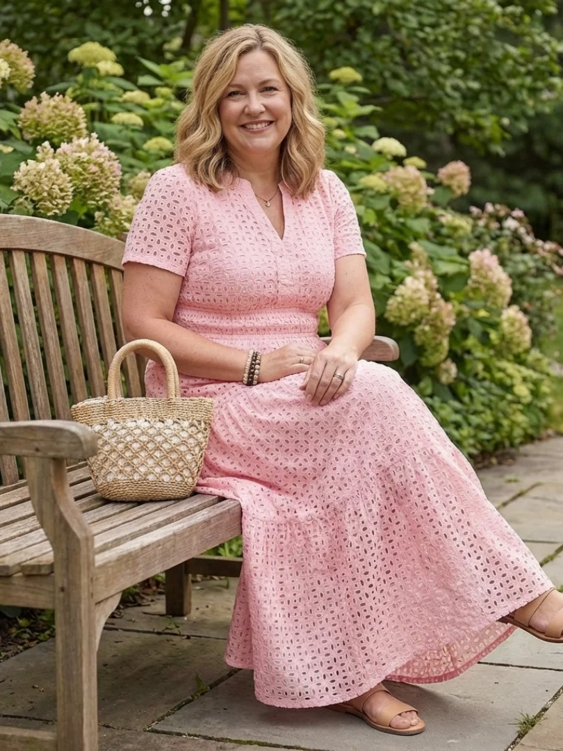 Women��s Tiered Midi Dress Short Sleeve Eyelet Design