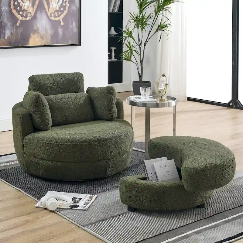 Oversized Swivel Cuddle Barrel Chair with moon storage ottoman