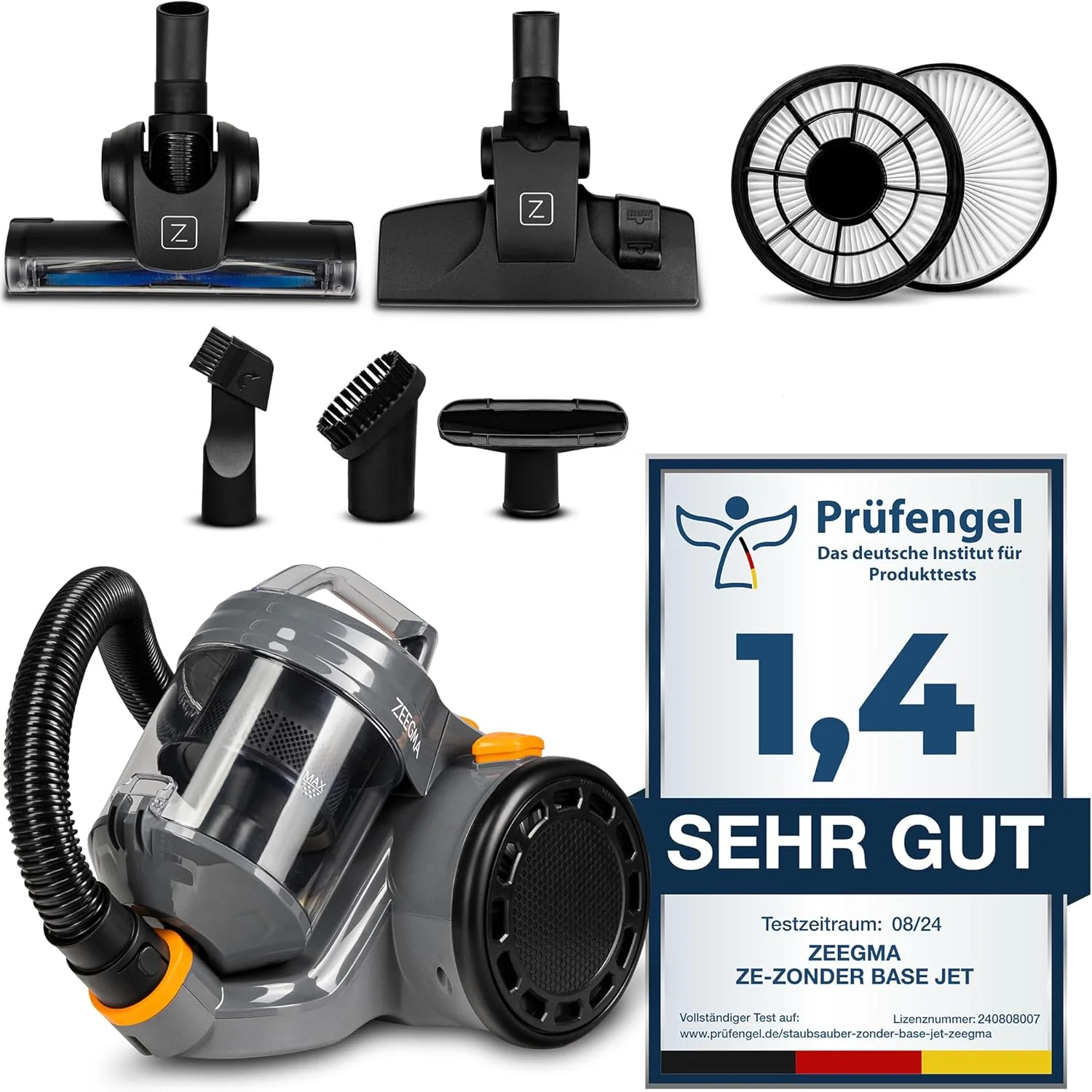 ZEEGMA Zonder Base Jet Aspirapolvere senza sacco con set di accessori, Potenza 899W Potenza di aspirazione 20 000 Pa, Tecnologia ciclonica, Turbospazzola, 2 filtri HEPA, Contenitore polvere 2L