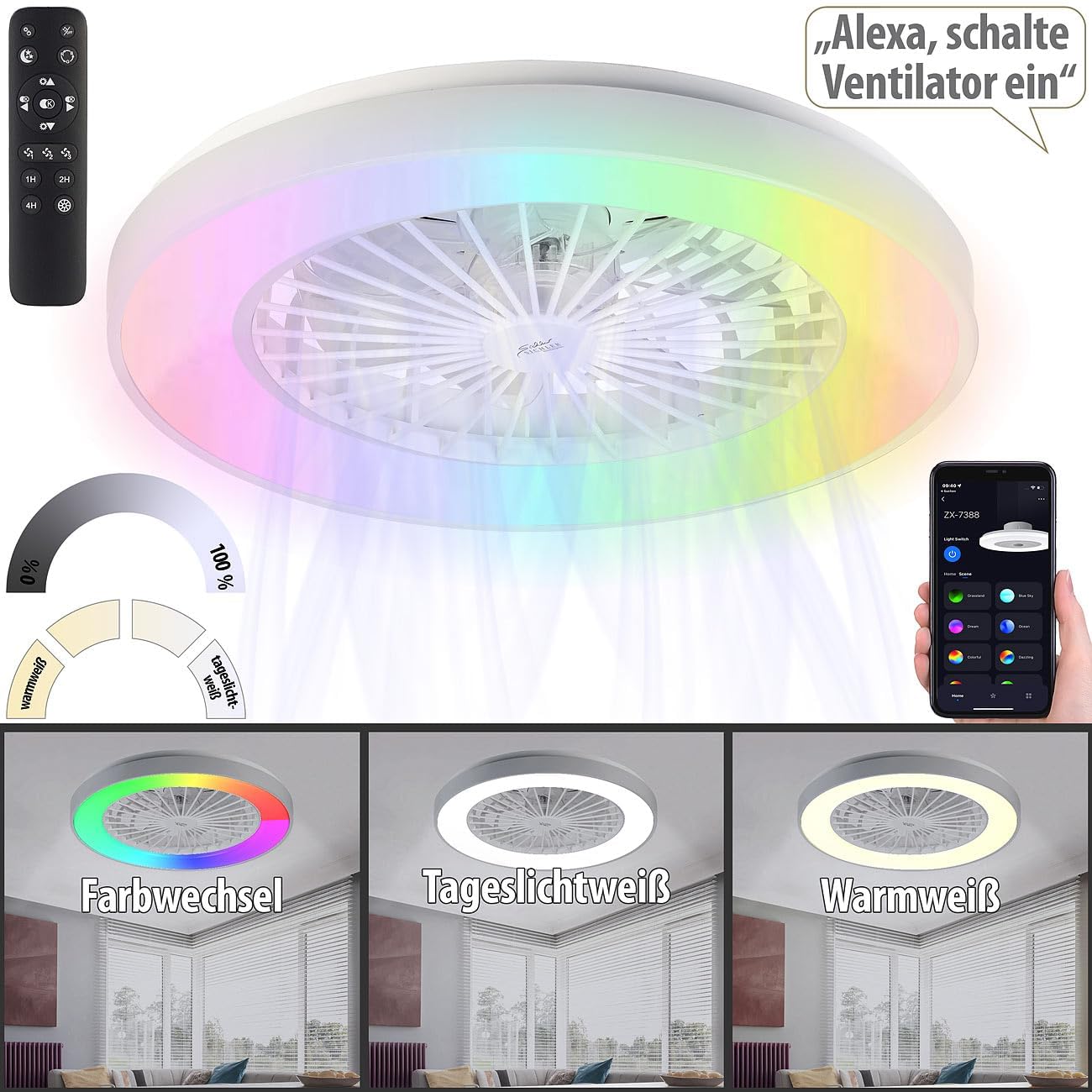 Sichler Haushaltsgeräte Ventilatorlampe: 2in1-WLAN-Deckenleuchte & Ventilator, RGB-CCT-LEDs, 30W, 1.250 lm, App (Deckenventilator mit Licht, Deckenventilator LED, Kühl)