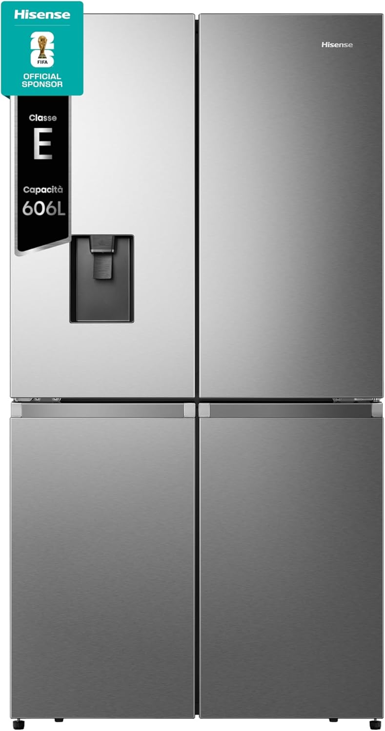 Hisense RQ758N4SWSE Frigorifero Quattro Porte Americano, Grande capacità 606 litri, Finitura Inox, Total No Frost, Classe E, Motore Inverter, Metal Cooling, Convert Zone, WiFi