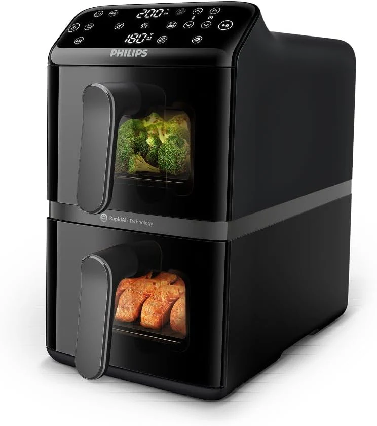 Philips Airfryer Series 4000 Double Vertical Basket 10L – RapidAir Technology, Sync, 2 Baskets at Once, 45% Less Space, PFAS Free Ceramic Coating, Viewing Windows (NA460/00)