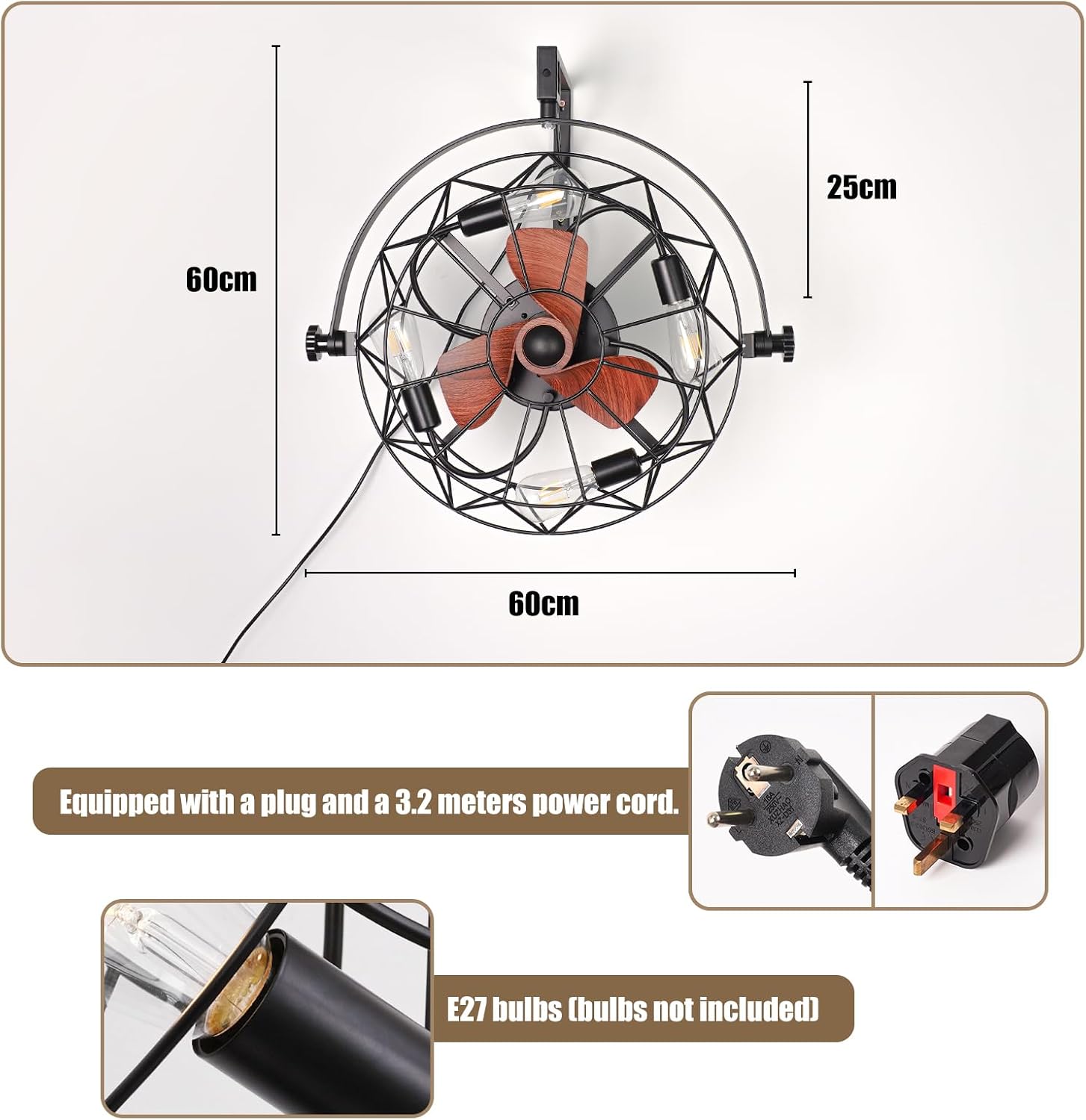 Umkehrbar E27 Deckenventilator mit Fernbedienung, 360 Grad Einstellbar, Vintage Lampe mit Ventilator Leise, mit 6 Windgeschwindigkeiten und Timer-Funktion, für Wohnzimmer Schlafzimmer Garage