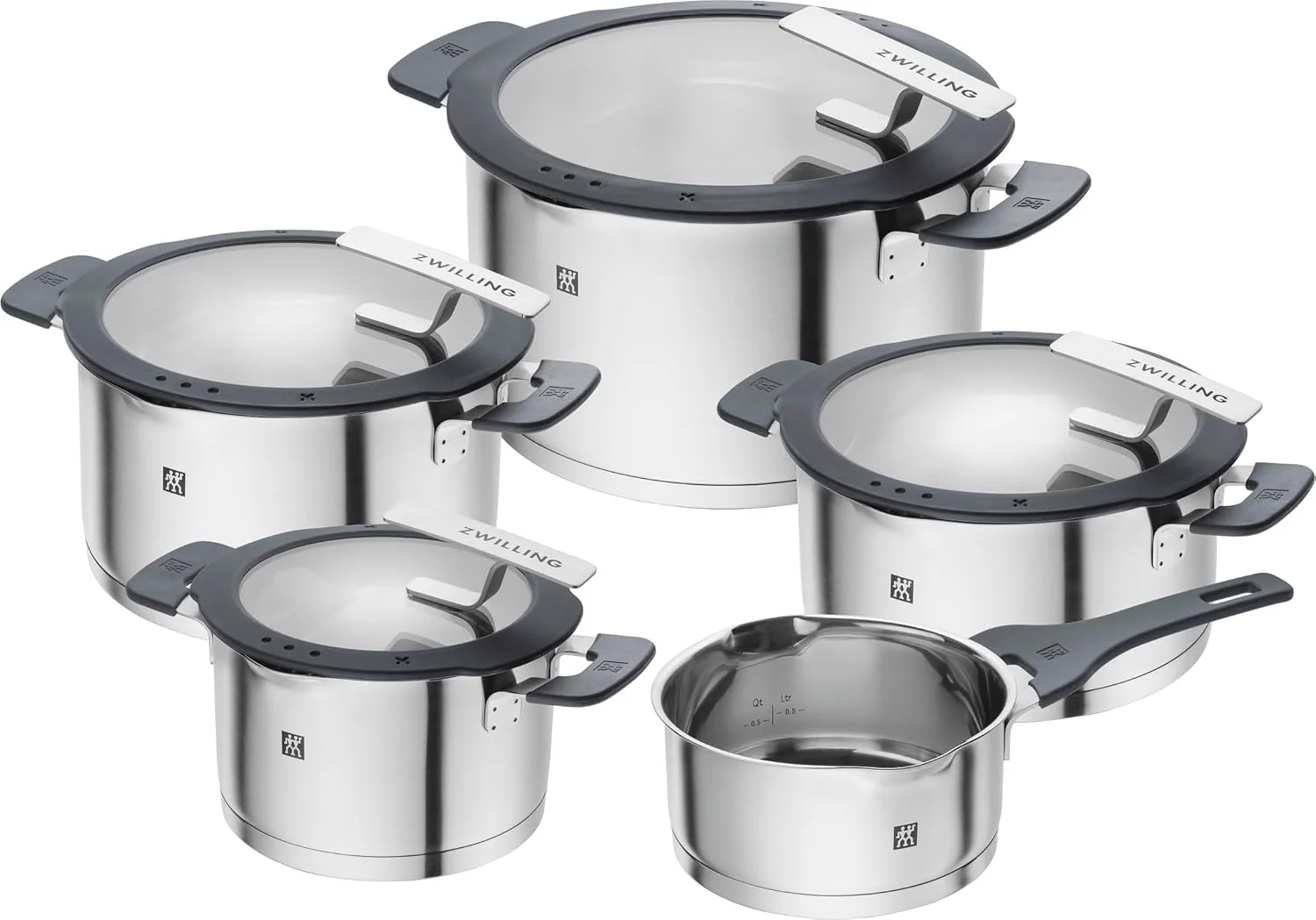 ZWILLING Simplify edénykészlet, 5 részes, Kiöntő funkcióval, Hűvös tapintású fogantyúk, Indukciós főzőlaphoz alkalmas, Rozsdamentes acél, Ezüst
